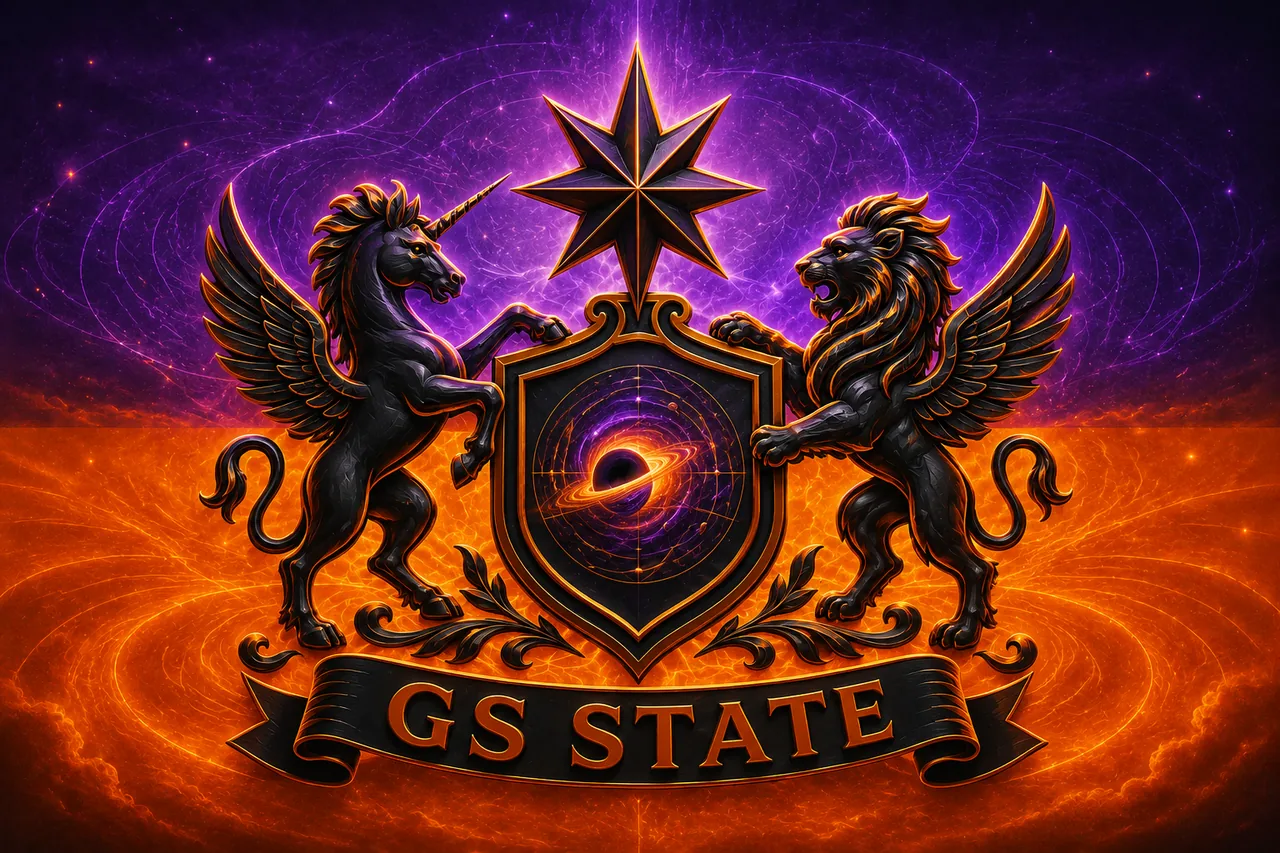 GS STATE — Wappen mit geflügeltem Einhorn und Löwen, achtzackigem Stern und Galaxie-Schild